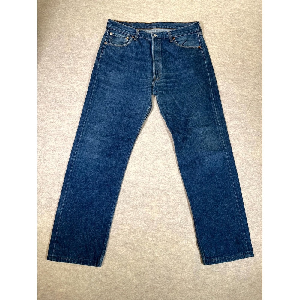 Levis 501 Original Fit Jeans Men 36x36 Blue Whiskered Denim Logo Mid Rise Cotton